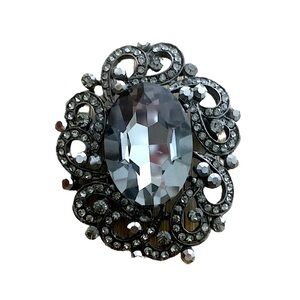 Vintage Rhinestone Brooch Gunmetal Black Oval Stone Ornate Statement Pin Gothic
